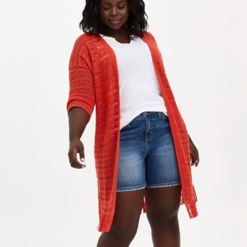 Torrid Drop Shoulder Pointelle Kimono Duster Boho Open Orange Size 2X EUC